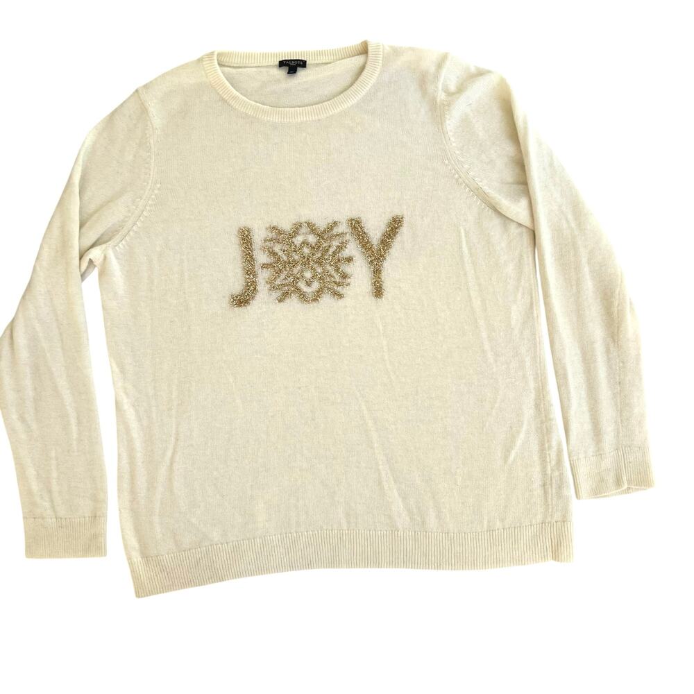 Talbots Women’s 2X “JOY” Holiday Sweater Ivory Wool Alpaca Blend Metallic Trim